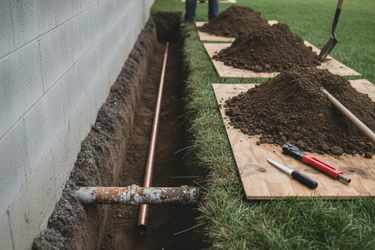 Excavated water line trench during Water Heater Repair in Edmeston
